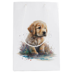 Golden Retriever Puppy Watercolor AI Art Medium Gift Bag
