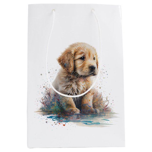 Golden Retriever Puppy Watercolor AI Art Medium Gift Bag (Front)