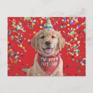 Golden retriever puppy wishing happy birthday postcard