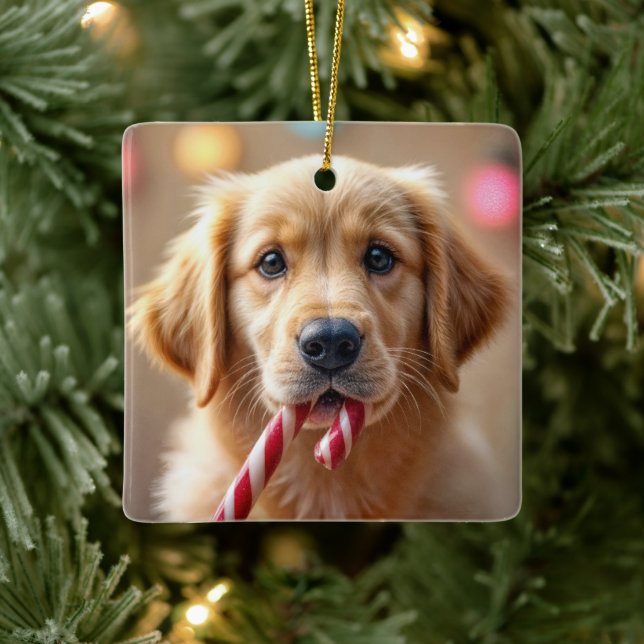 Golden Retriever Puppy With a Candy Cane Ceramic Ornament (Tree)