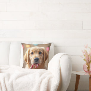 Golden Retriever Puppy With a Candy Cane Cushion