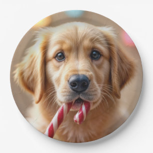 Golden Retriever Puppy With a Candy Cane Paper Plate