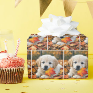 Golden Retriever Puppy with Autumn Leaf Wrapping Paper