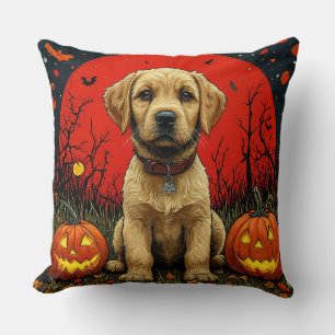 Golden Retriever Puppy With Halloween Pumpkins Cushion