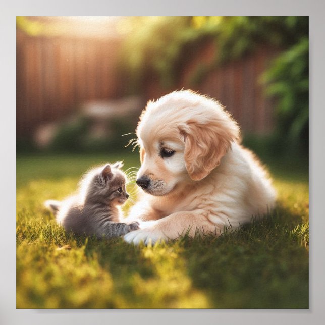 Golden Retriever puppy with kitten Poster (Front)