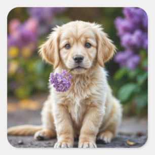 Golden Retriever Puppy With Lilacs Square Sticker