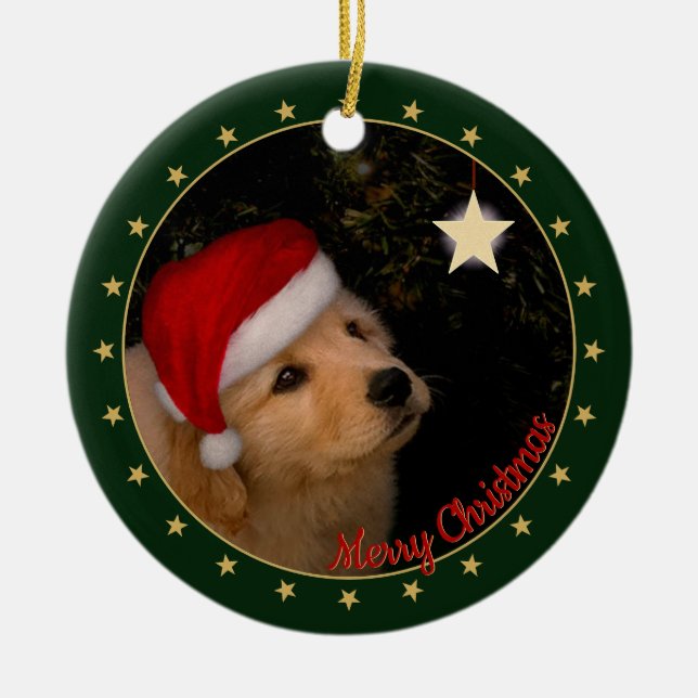 Golden Retriever Puppy with Santa Hat Ceramic Tree Decoration (Front)