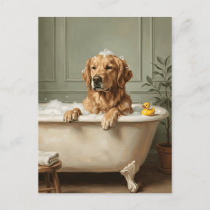 Golden Retriever Relaxing in Bubble Bath Funny Postcard