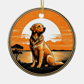 Golden Retriever Retro Sunset Dog Lover Ceramic Tree Decoration