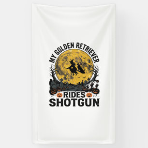 Golden Retriever Rides Shotgun Halloween Witch Art Banner