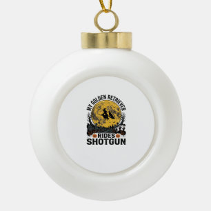 Golden Retriever Rides Shotgun Halloween Witch Art Ceramic Ball Christmas Ornament