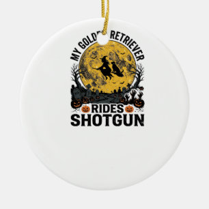 Golden Retriever Rides Shotgun Halloween Witch Art Ceramic Tree Decoration