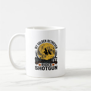 Golden Retriever Rides Shotgun Halloween Witch Art Coffee Mug