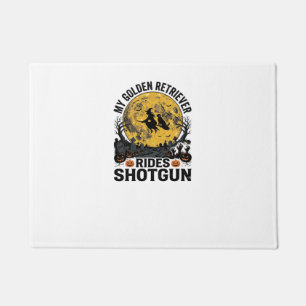 Golden Retriever Rides Shotgun Halloween Witch Art Doormat