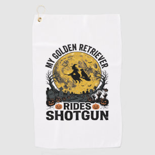 Golden Retriever Rides Shotgun Halloween Witch Art Golf Towel
