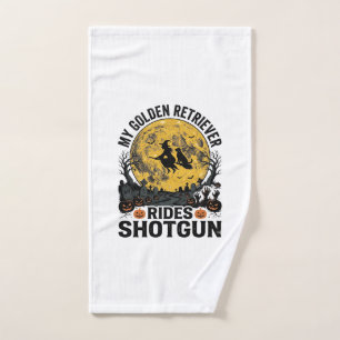 Golden Retriever Rides Shotgun Halloween Witch Art Hand Towel