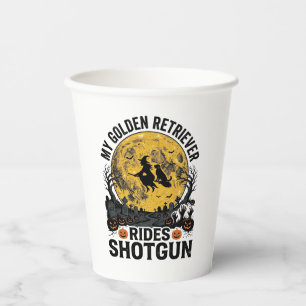 Golden Retriever Rides Shotgun Halloween Witch Art Paper Cups