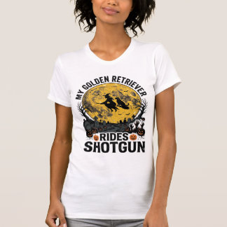 Golden Retriever Rides Shotgun Halloween Witch Art T-Shirt