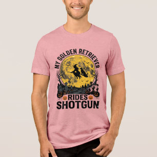 Golden Retriever Rides Shotgun Halloween Witch Art Tri-Blend Shirt