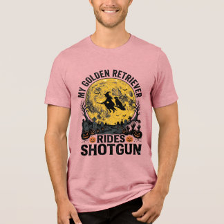 Golden Retriever Rides Shotgun Halloween Witch Art Tri-Blend Shirt