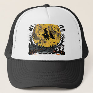 Golden Retriever Rides Shotgun Halloween Witch Art Trucker Hat