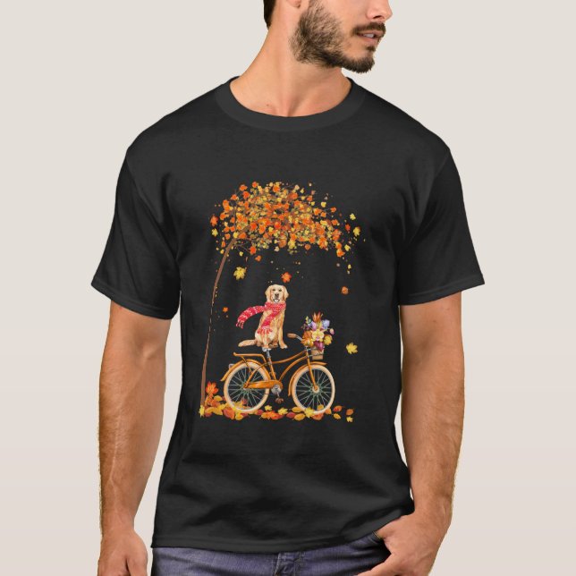 Golden Retriever Riding Bicycle Autumn Leaves Cute T-Shirt (Front)