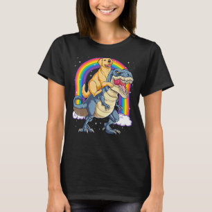 Golden Retriever Riding Dinosaur Rex Boys Rainbow T-Shirt