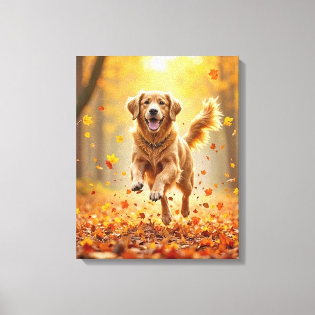 Golden Retriever Running In Autumn Woods Canvas Print (Front)