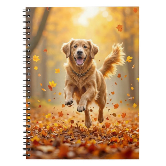 Golden Retriever Running In Autumn Woods Notebook (Front)