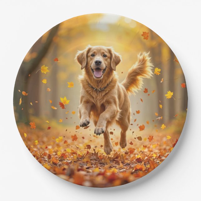 Golden Retriever Running In Autumn Woods Paper Plate (Front)
