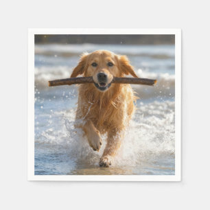 Golden Retriever Running with a Beach Stick Napkin