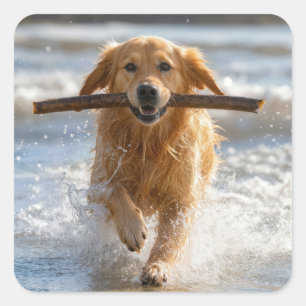 Golden Retriever Running with a Beach Stick Square Sticker