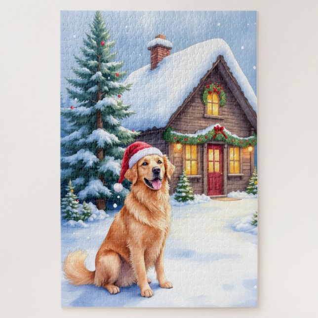 Golden Retriever Rustic Cabin Santa Hat Christmas Jigsaw Puzzle (Vertical)