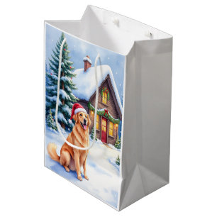 Golden Retriever Rustic Cabin Santa Hat Christmas Medium Gift Bag