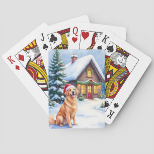 Golden Retriever Rustic Cabin Santa Hat Christmas Playing Cards
