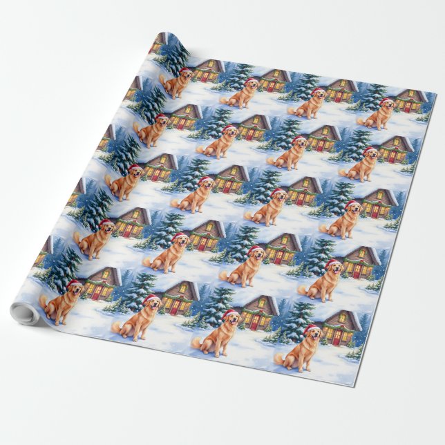 Golden Retriever Rustic Cabin Santa Hat Christmas Wrapping Paper (Unrolled)