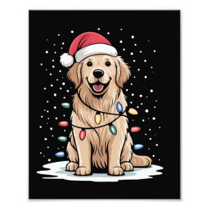 Golden Retriever Santa Christmas Tree Lights Xmas Photo Print