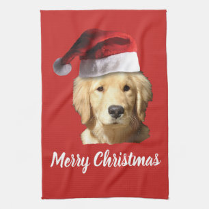 Golden Retriever Santa Claus Tea Towel
