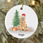 Golden Retriever Santa Dog Personalized Christmas Ceramic Tree Decoration<br><div class="desc">Decorate your tree or give a special gift this holiday season with this golden retriever santa dog christmas ornament, and matching decor. This golden retriever christmas ornament features a watercolor dog in a santa hat and tree. Personalize with name front, year back. This golden retriever christmas ornament will be a...</div>