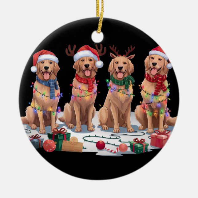 Golden Retriever Santa hat antlers elf Christmas Ceramic Tree Decoration (Front)