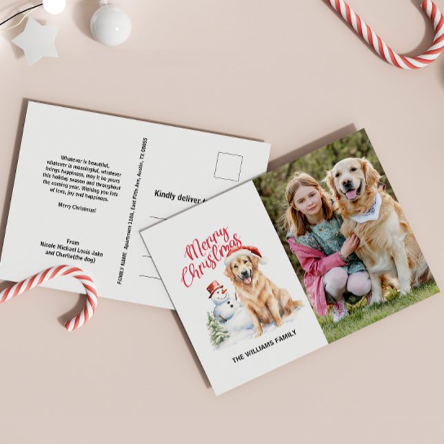 GOLDEN RETRIEVER SANTA HAT CHRISTMAS SINGLE PHOTO HOLIDAY POSTCARD (MERRY CHRISTMAS GOLDEN RETRIEVER POSTCARD SINGLE PHOTO CUSTOM RETURN ADDRESS AND MESSAGE)