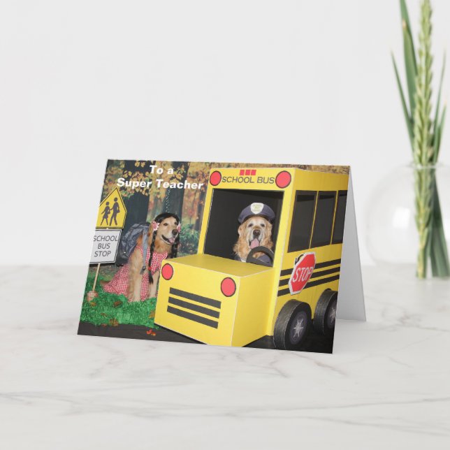 Golden Retriever School Bus Teacher Thank You Card (Front)