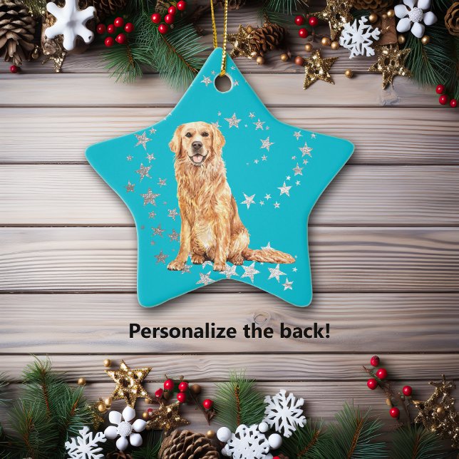 Golden Retriever Silver Stars Teal Christmas Ceramic Tree Decoration (Creator Uploaded)