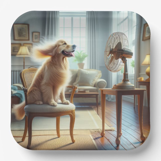 Golden Retriever Sitting in Front of Fan Paper Plate (Front)