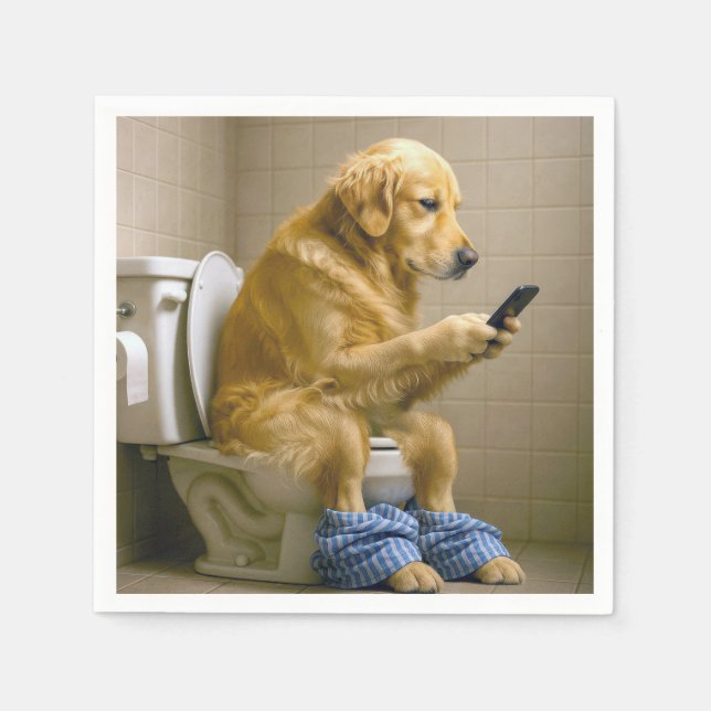 Golden Retriever Sitting On the Toilet Texting Napkin (Front)