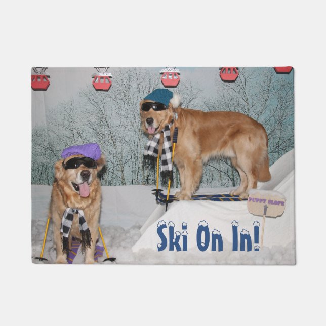 Golden Retriever Skiers Ski On In Welcome Doormat (Front)