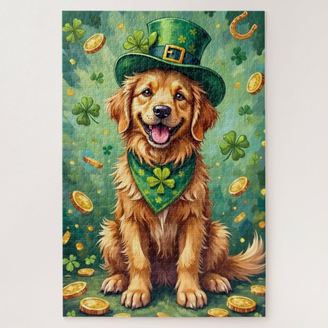 Golden Retriever St Patrick’s Day Lucky Dog Jigsaw Puzzle (Vertical)
