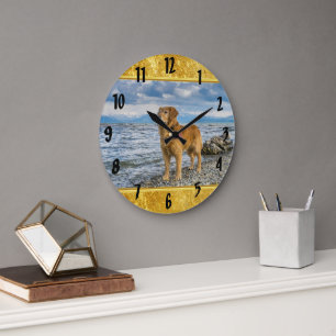 Golden Retriever standing on the blue ocean rocky Large Clock