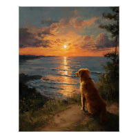 Golden Retriever Sunset Ocean View Art