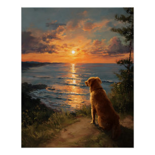 Golden Retriever Sunset Ocean View Art Poster